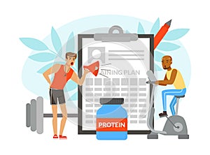 Brutal Man Sports Coach with Megaphone Shouting Giving Instruction and Training in Gym Vector Illustration