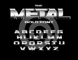 Brutal metallic style font. Set of metal bold letters with chrome and steel effect. Vector alphabet design.