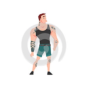 Brutal Muscular Man with Tattoo, Attractive Tattooed Guy Wearing Black Sleeveless Shirt Vector Illustration