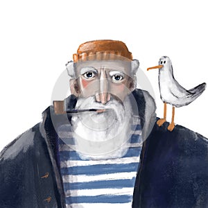 Brutal seaman portrait with seagull, watercolor style artwork, illustration with cartoon character