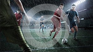 Brutal Soccer action on rainy 3d sport arena. mature player with ball