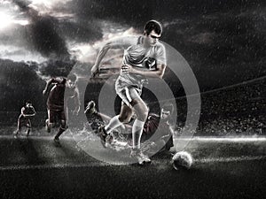 Brutal Soccer action on rainy 3d sport arena. mature player with ball