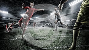 Brutal Soccer action on rainy 3d sport arena. mature player with ball