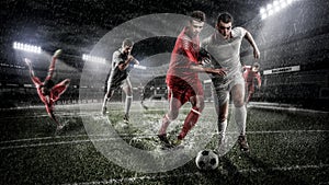 Brutal Soccer action on rainy 3d sport arena. mature player with ball