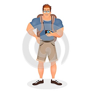 Brutal Young Bearded Hipster male in eyeglasses with a packsack travel and camera. Travelling with the knapsack. Vector