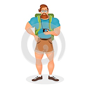 Brutal Young Bearded Hipster male in eyeglasses with a packsack travel and camera. Travelling with the knapsack. Vector