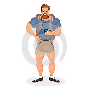 Brutal Young Bearded Hipster male in eyeglasses with a packsack travel and camera. Travelling with the knapsack. Vector