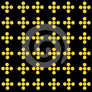 Brutalism abstract vector Pattern with simple geometric shapes circles dots crosses. Black and yellow. Flat illustration.