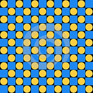 Brutalism abstract vector Pattern with simple geometric shapes circles dots, squares. Black, blue and yellow. Flat illustration.