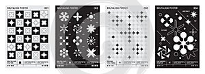 Brutalism black white posters. Y2k wall art. Abstract pattern design, shape and star figures, ornament elements