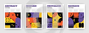 Brutalism posters. Bauhaus book covers with minimalistic geometric contemporary shapes. Modern style flyers design mockup.