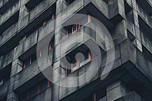 Brutalist architecture facade featuring balconies and windows