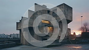 brutalist building at dusk, showcasing its raw concrete structure, geometric shapes and starkness of brutalist