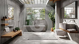 Brutalist interior design. Interior of modern bathroom w. and double sink with mirror.