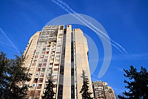 brutalist socialist Yugoslav high rise apartment buildings, housing towers, in the residential district of Banjica, one of the