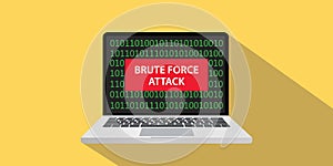 Brute force attack concept illustration with laptop comuputer and text banner on screen with flat style and long shadow