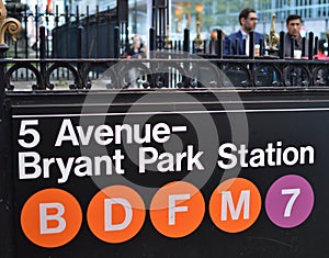 Bryant Park NewYork Subway Sign Business Men Corporate Workers in the Background