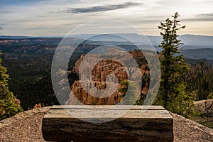 Bryce Canyon and Log Bench On Cloudy Day