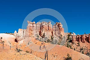 Bryce Canyon - Panoramic Fairyland hiking trail with scenic view on massive hoodoo wall sandstone rock formation in Utah, USA