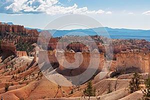 Bryce Canyon - Panoramic Fairyland hiking trail with scenic view on massive hoodoo wall sandstone rock formation in Utah, USA