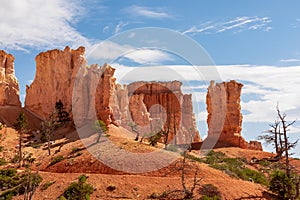 Bryce Canyon - Peek a boo hiking trail with scenic view of massive steep hoodoo sandstone rock formation towers in Utah, USA