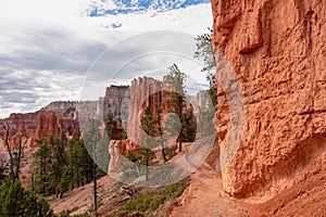 Bryce Canyon - Queens Garden hiking trail with scenic view of massive steep hoodoo sandstone rock formation towers in Utah, USA