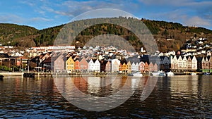 Bryggen in Bergen city from Osterfjord in Norway in Autumn