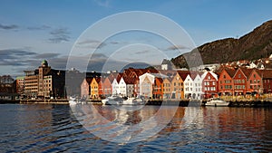 Bryggen in Bergen city from Osterfjord in Norway in Autumn