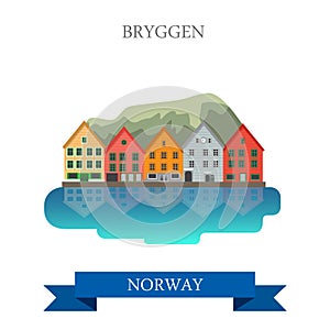 Bryggen in Norway historic flat vector attraction sight landmark