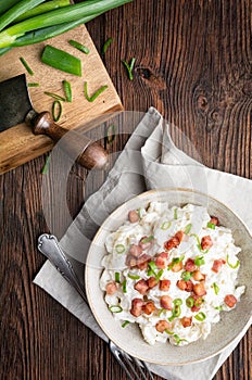 Bryndzove Halusky, national dish in Slovakia, potato dumplings with sheep cheese and sour cream, topped with roasted bacon pieces