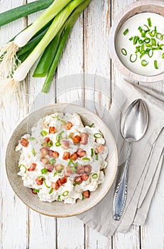 Bryndzove Halusky, national dish in Slovakia, potato dumplings with sheep cheese and sour cream, topped with roasted bacon pieces