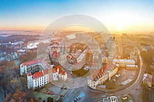 Brzeg, Poland. Aerial cityscape on sunrise