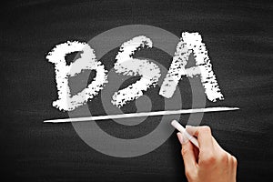 BSA Body Surface Area - measured or calculated surface area of a human body, acronym text on blackboard