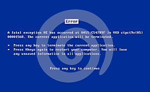 BSOD screen old 98 error crash software. Bluescreen death system pc bug, bsod screen photo