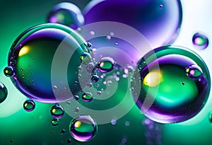 bstract background with blue, orange and green oil bubbles in liquid metal.