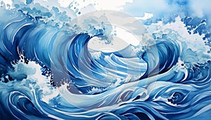 bstract blue watercolor ocean waves with dynamic motion and splash