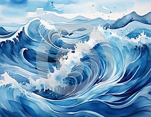 bstract blue watercolor ocean waves with dynamic motion and splash