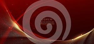 bstract red background with golden lines and lighting effect. Luxury design style