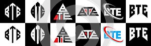 BTE letter logo design in six style. BTE polygon, circle, triangle, hexagon, flat and simple style with black and white color