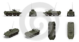 BTR-80 wheeled armoured vehicle personnel carrier renders set from different angles on a white. 3D illustration