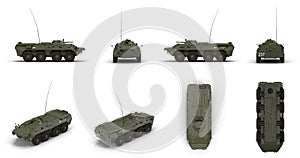 BTR-80 amphibious armoured personnel carrier renders set from different angles on a white. 3D illustration photo
