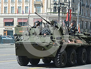 The BTR-82A is an Russian 8x8 wheeled amphibious armoured personnel carrier (APC) with Marines.