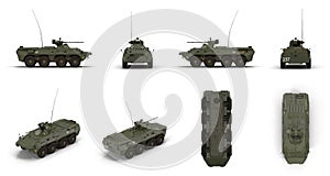 BTR-80 wheeled armoured vehicle personnel carrier renders set from different angles on a white. 3D illustration photo