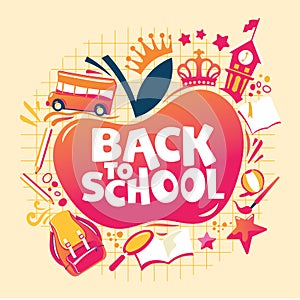 Back to School Illustration, Backpack with School Equipment, Bus and School Building