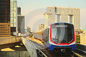 BTS Sky Train is running in downtown of Bangkok
