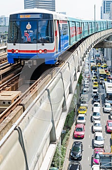 BTS Skytrain on Elevated Rails in Central Bangkok