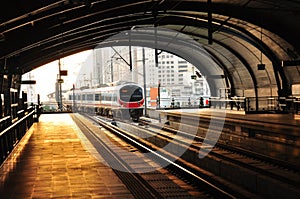 A BTS Skytrain in Phyathai Station, Bangkok, Thailand. photo