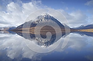 Buachaille Etive Mor aerial during autumn reflection on still river