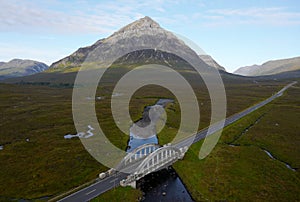 Buachaille Etive Mor aerial during summer view of A82 road and bridge