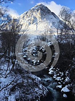 Buachaille Etive Mor in winter snow covered at Glencoe by Rannoch Moor West Highlands